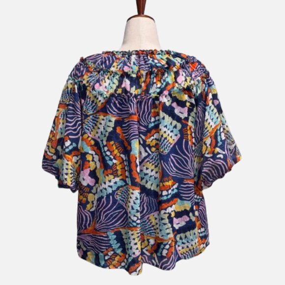 Entro Boho Ruffle V-Neck Colorful Abstract Print Puff Sleeves Blouse (Size S) - Picture 5 of 13
